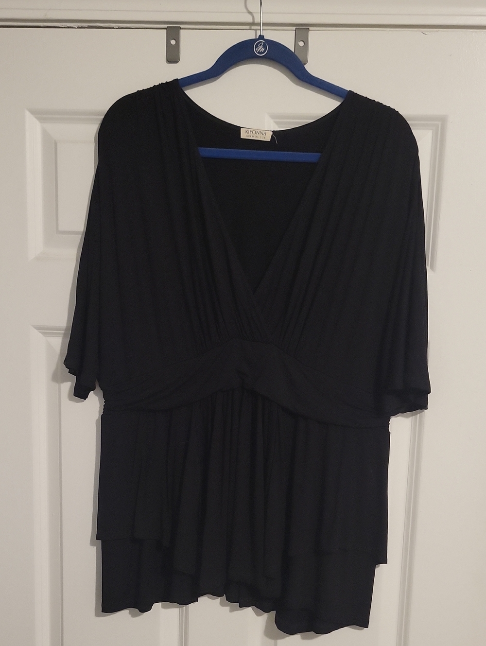 Kiyonna Black Draped V-Neck Blouse with Layered Hem